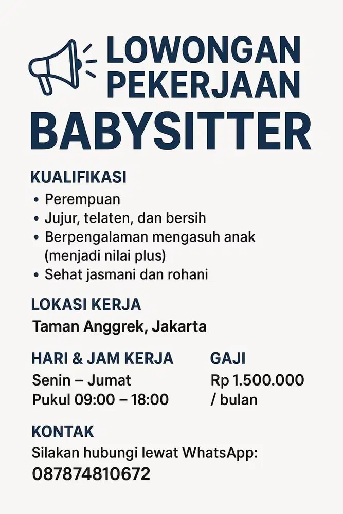 Dibutuhkan pengasuh anak pulang pergi di apartement taman anggrek