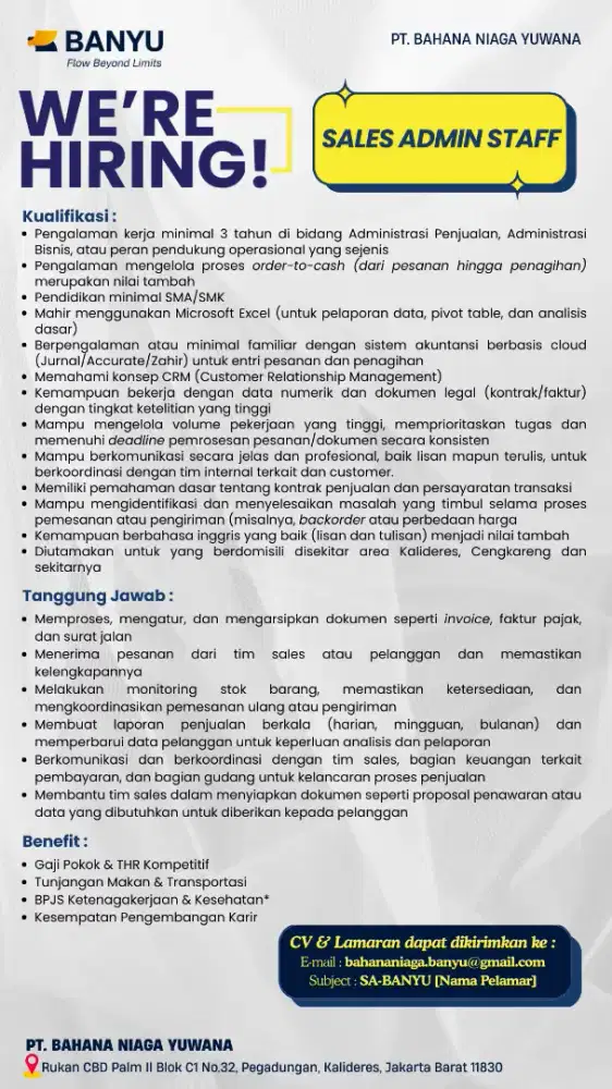 DIBUTUHKAN SEGERA! ADMIN SALES BERPENGALAMAN