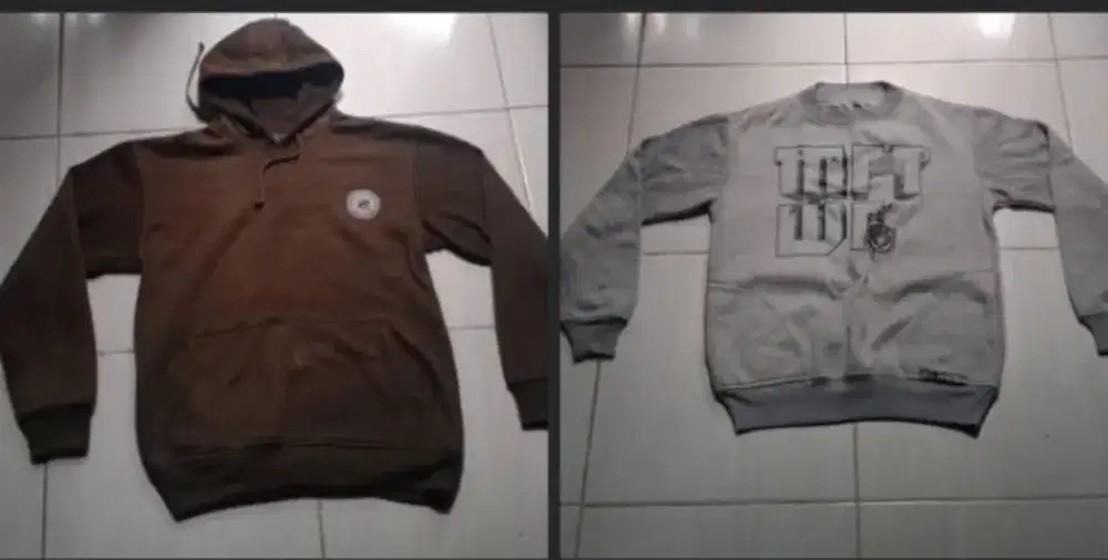 Sweater putih ukuran M dan sweater hijau ukuran L