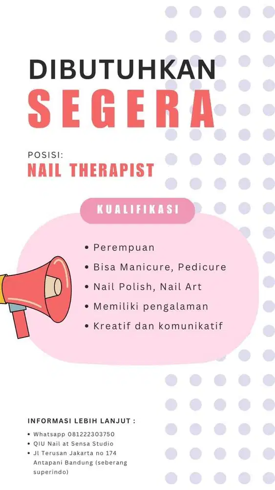 Dicari Nail Therapist memiliki pengalaman kerja di salon