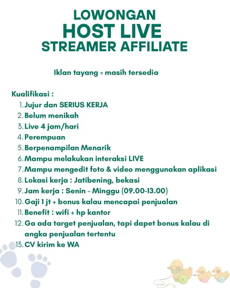 BUTUH CEPAT! Lowongan Host Live Streamer Bekasi