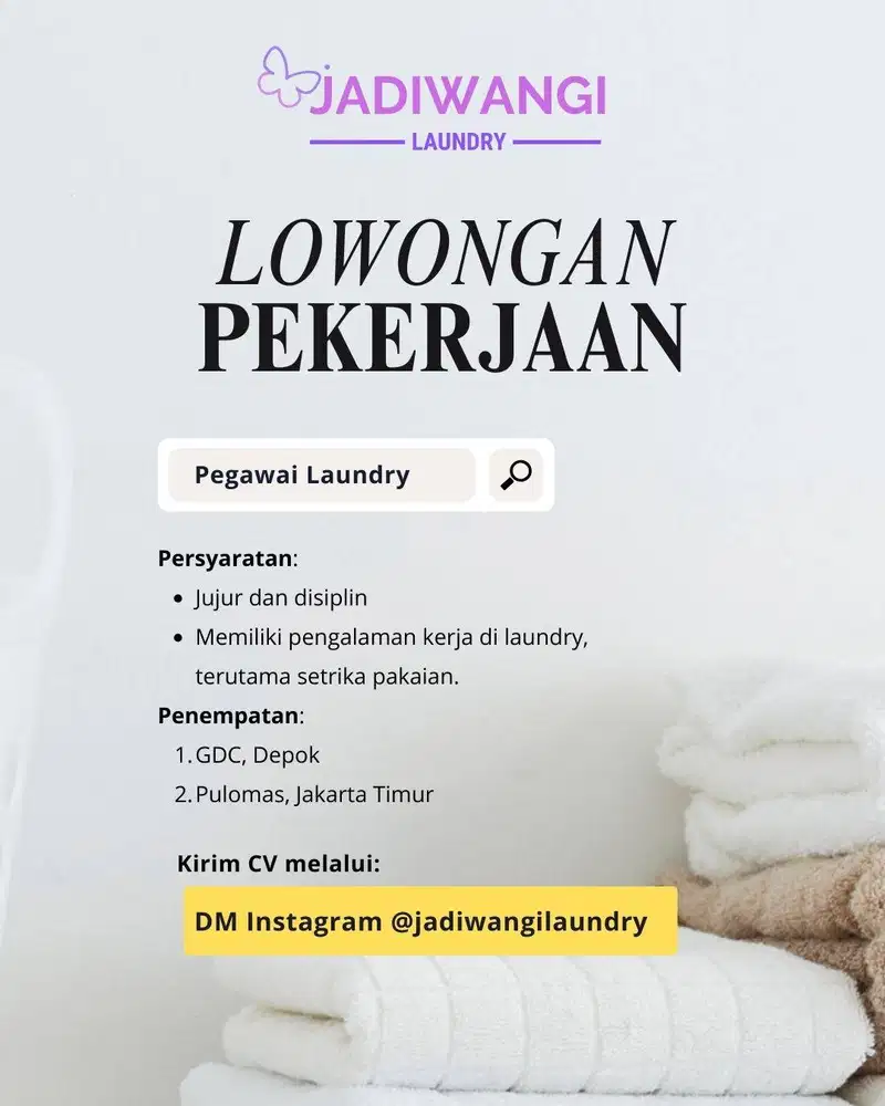 Dibutuhkan karyawan laundry di Pulomas Jakarta Timur