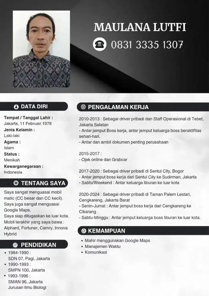 Mencari pekerjaan sebagai Driver Pribadi (Harian, Mingguan, Bulanan)