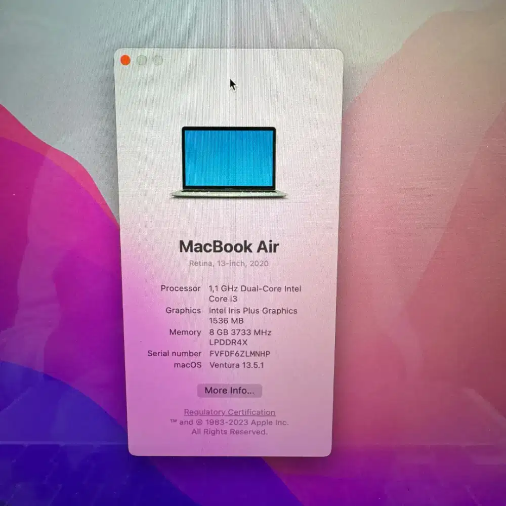 Macbook Air 256 Ram 8 Ssd 256 Layar 13 inch Full set Silver