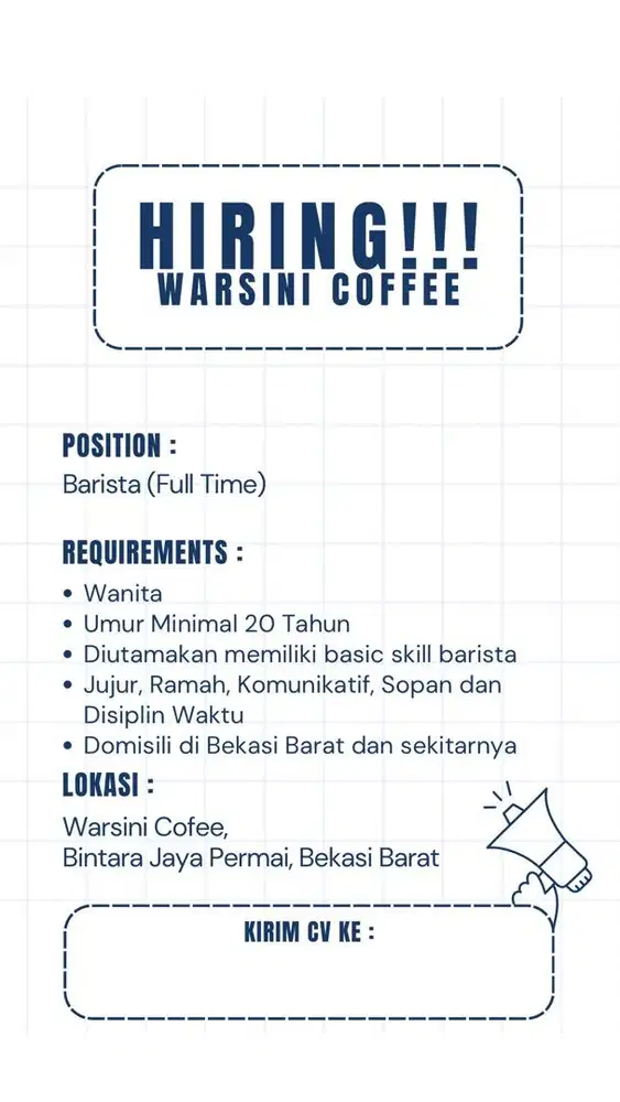 DICARI BARISTA KHUSUS WANITA UNTUK WARSINI COFFEE