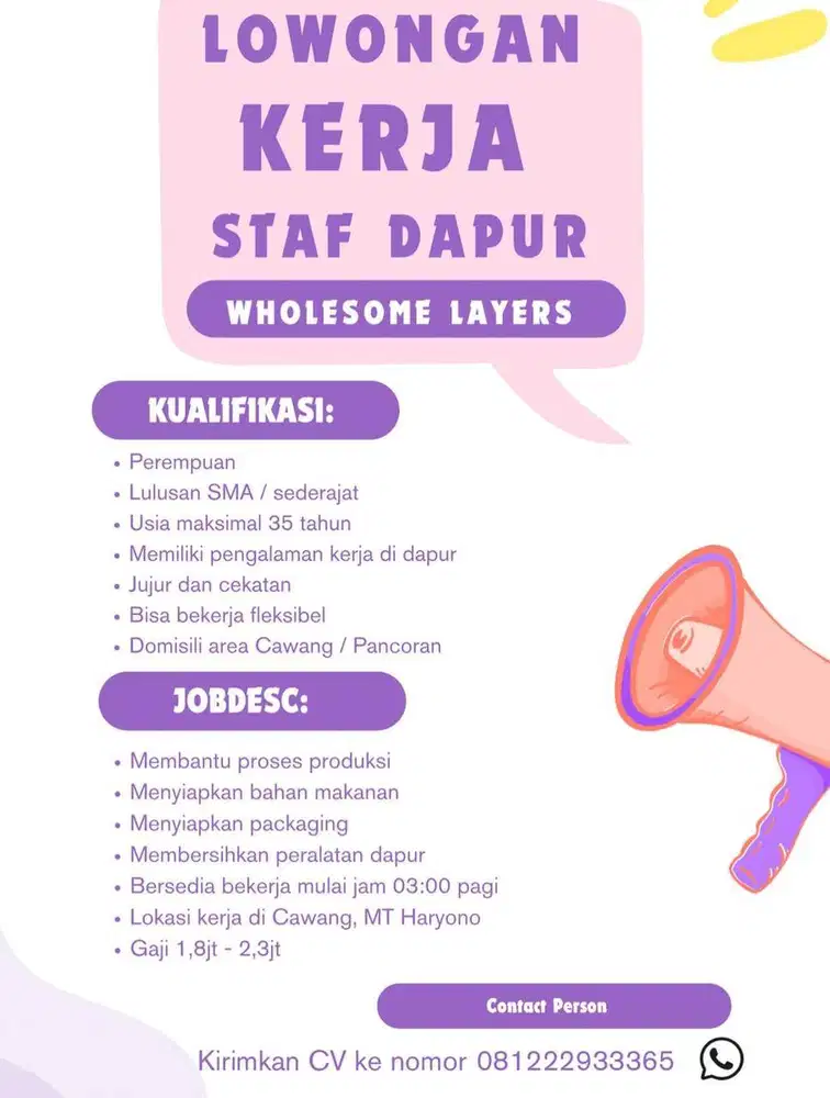 Lowongan Kerja Staff Dapur Wholesome Layers
