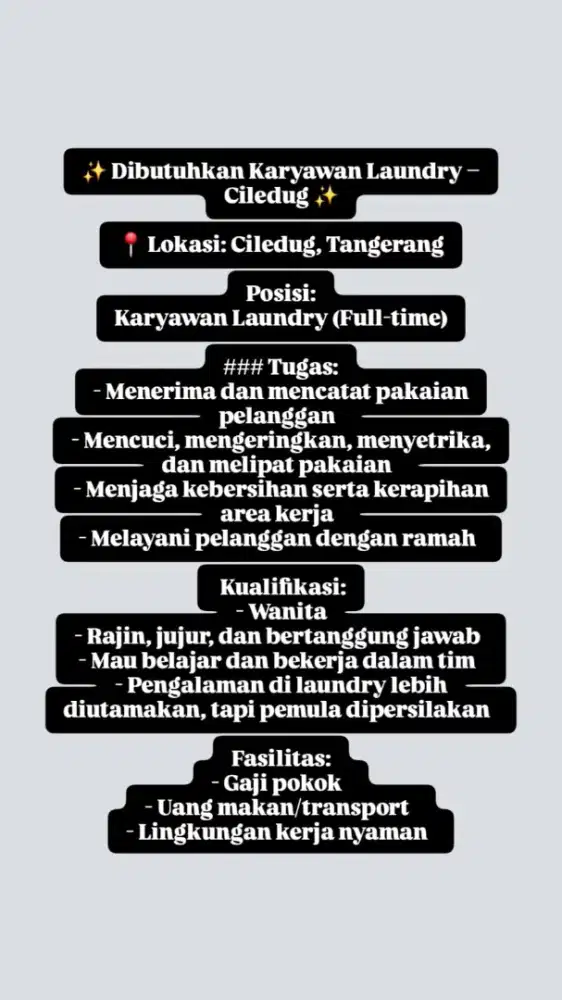 Dicari Karyawan Laundry - Ciledug