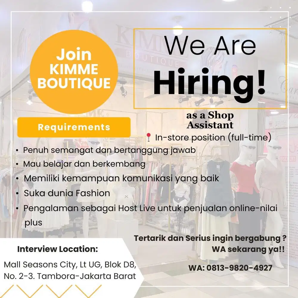 Kimme boutique buka lowongan kerja untuk wanita umur 22-30 tahun