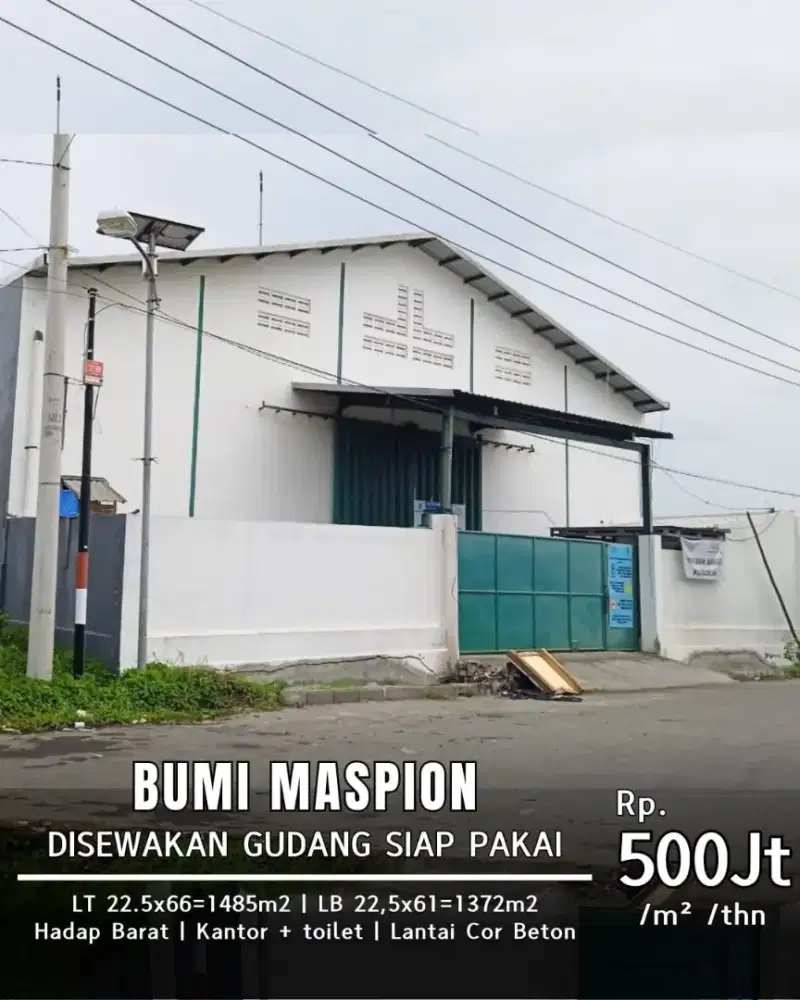 Disewakan Gudang Bumi Maspion Dekat Jalan Tol — 1.485 m²