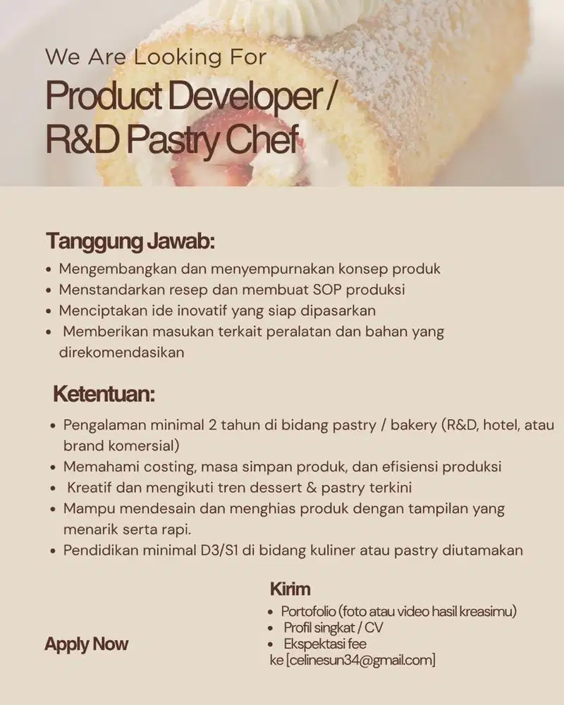 DICARI BAKER / PASTRY CHEF AREA MOJOKERTO YANG MINAT WA