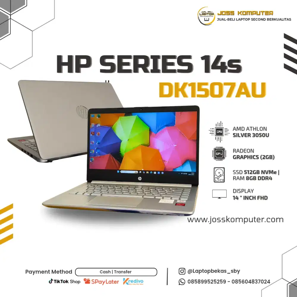 JUAL Laptop Second HP 14s-DK1507AU Athlon Silver 3050U (8GB/SSD 512GB)