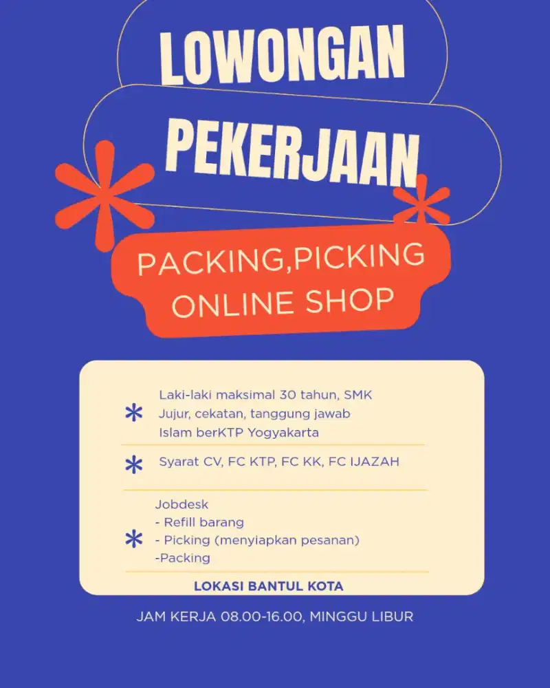 Dibutuhkan Pramuniaga toko ACC hp dan packing online shop