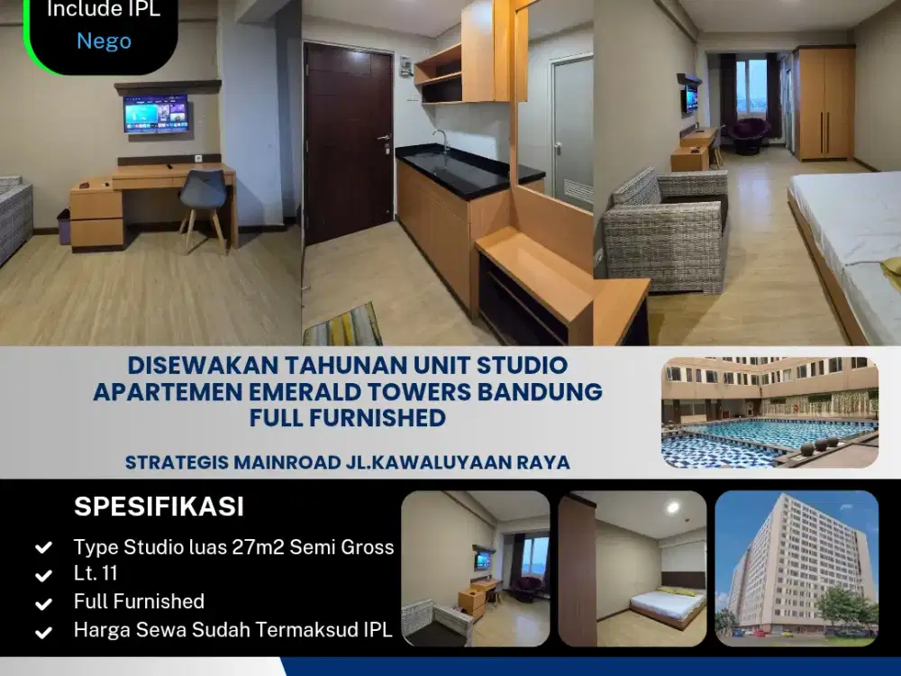 Disewakan Tahunan Unit Studio
Apartemen Emerald Towers Bandung
Full Furnished

Strategis Mainroad Jl. Kawaluyaan Raya