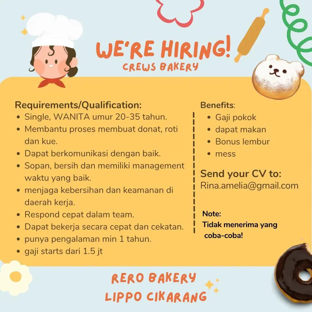 Lowongan kerja Crew Bakery