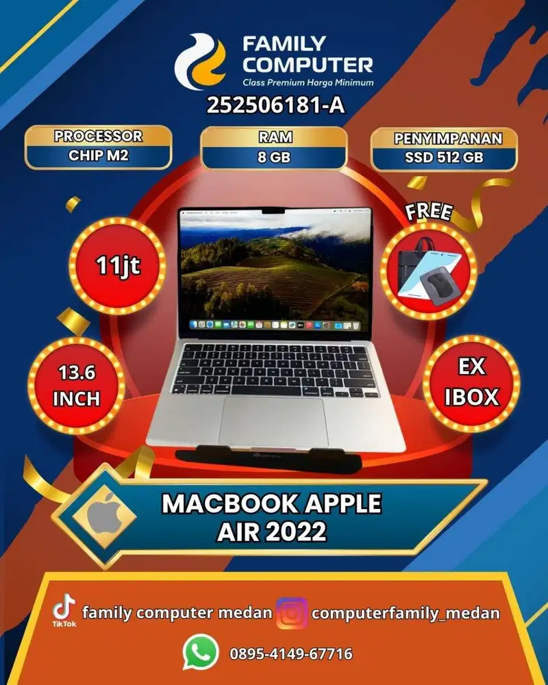 MACBOOK AIR M2 13'6 CHIP M2 RAM 8GB SSD 512GB BH 95%-FULLSET IBOX-OKE