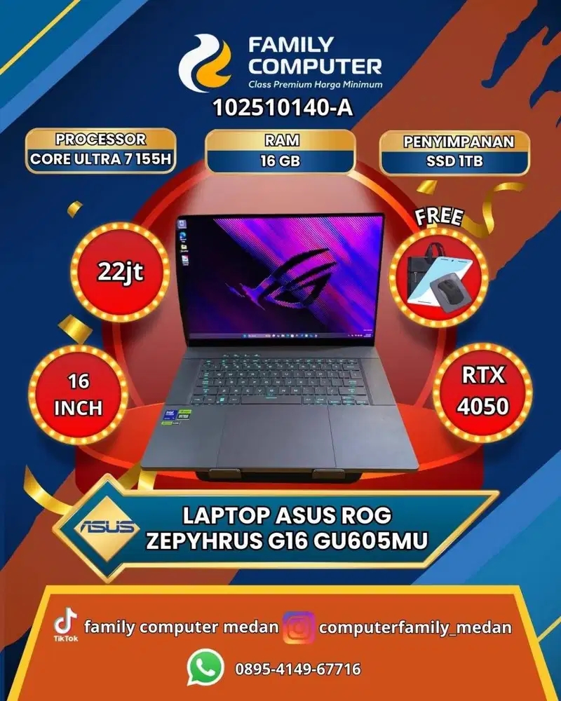 ASUS ROG ZEPHYRUS G16 OLED ULTRA 7 155H 16GB SSD 1TB RTX 4050-GARANSI