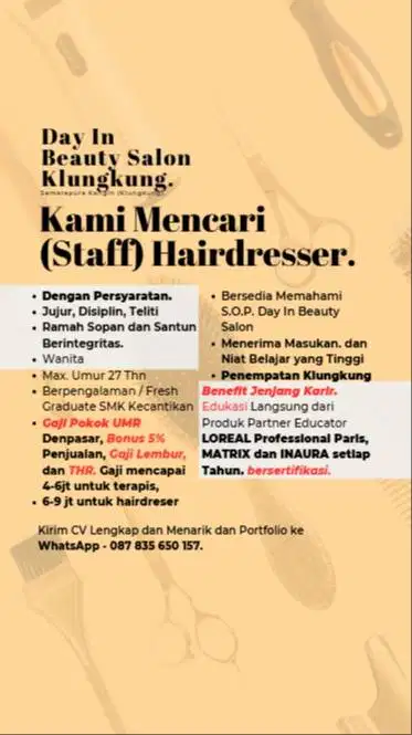 Lowongan Hairdresser Bali – Gaji 4–9 Juta – Klungkung & Blahbatu