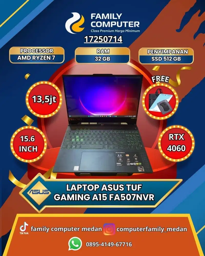 ASUS TUF A15 RYZEN 7-7435HS RAM32GB 512GB RTX 4060 8GB GARANSI ON 2027