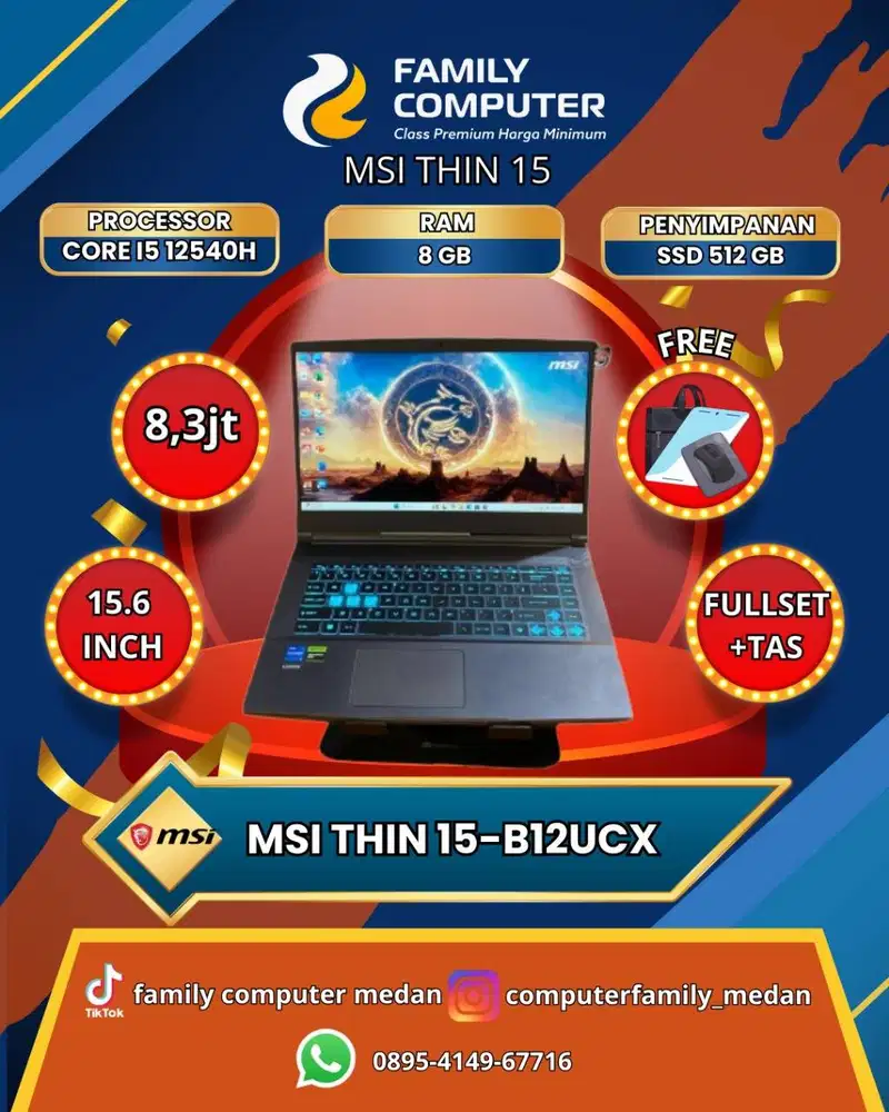 MSI THIN 15 COREI5 GEN 12 8GB SSD 512GB RTX 4GB FULLSET GARNSI ON 2027
