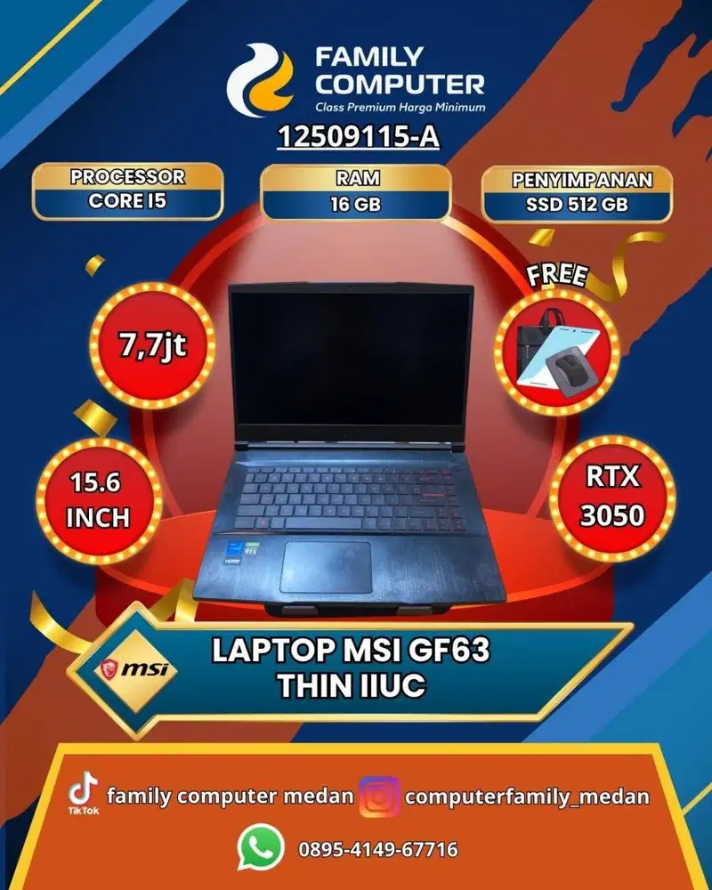 MSI THIN GAMING CORE I5 GEN 11 RTX 3050 RAM 16GB SSD 512GB LIKE NEW OK