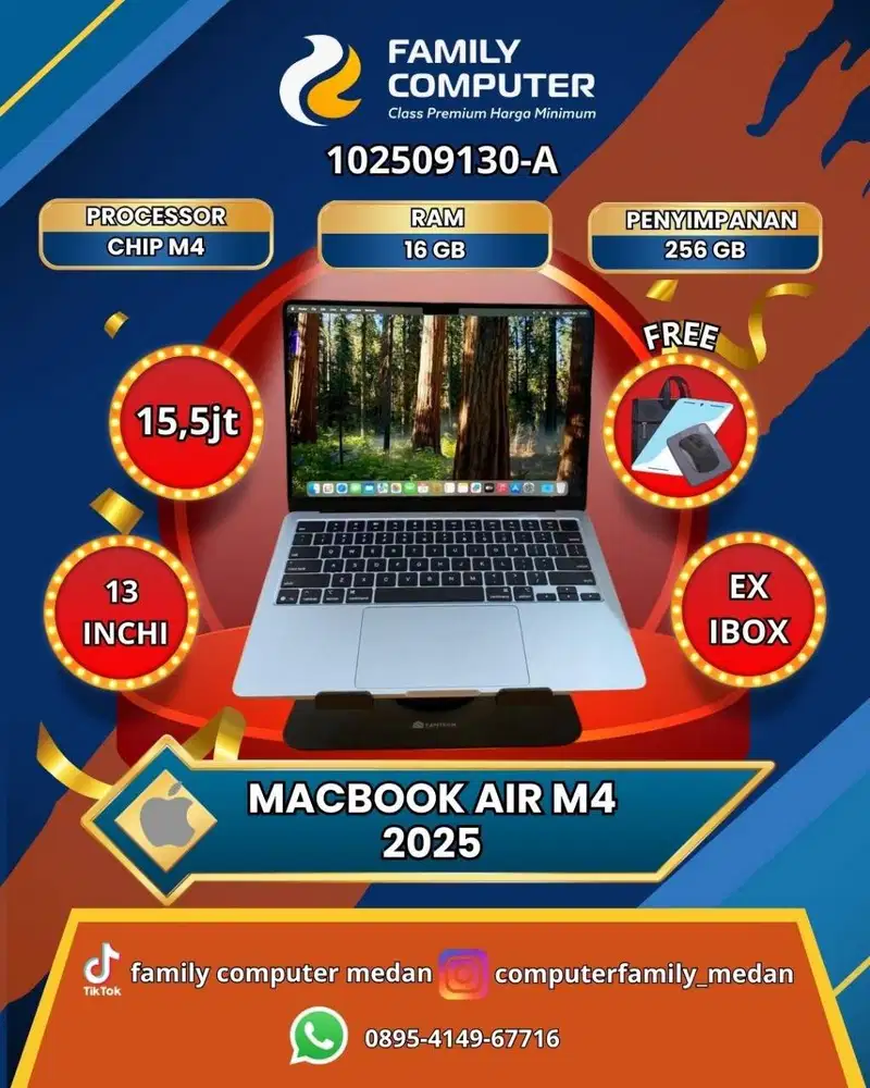 MACBOOK AIR M4 IBOX GARANSI 2026 CHIP M4 16GB SSD 256GB FULLSET MULUS