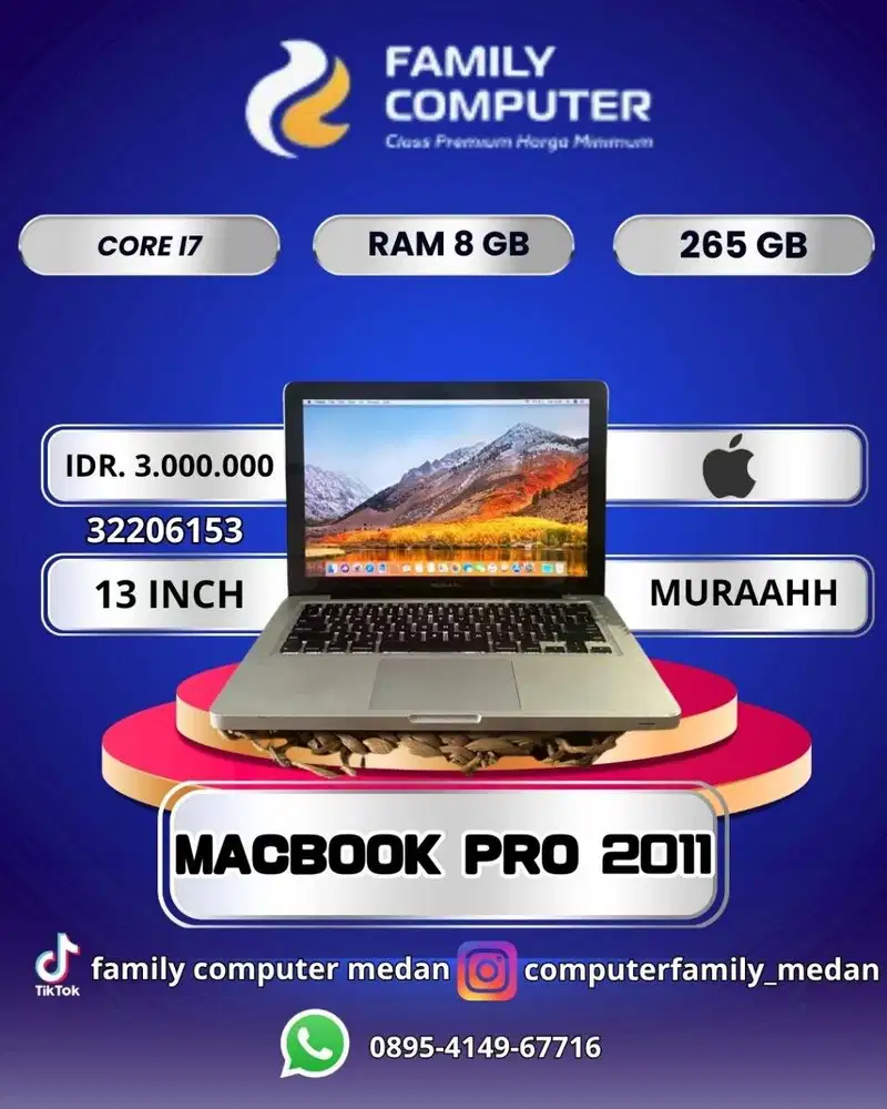 MACBOOK PRO 2011 INTEL COREI7 RAM 8GB SSD 256GB MULUS LIKE NEW GARANSI