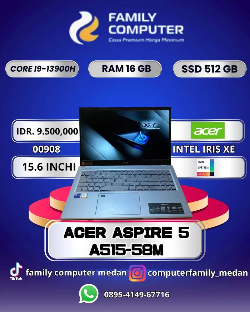 ACER ASPIRE 5 2K RESOLUSI COREI9-13900H RAM 16GB SSD 512GB LIKE NEW OK