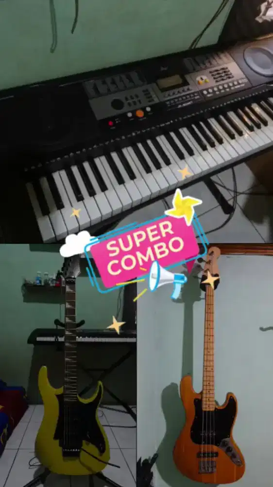 Paketan Keyboard, Gitar Elektrik, Bass Elektrik, BONUS AMPLI KAMAR