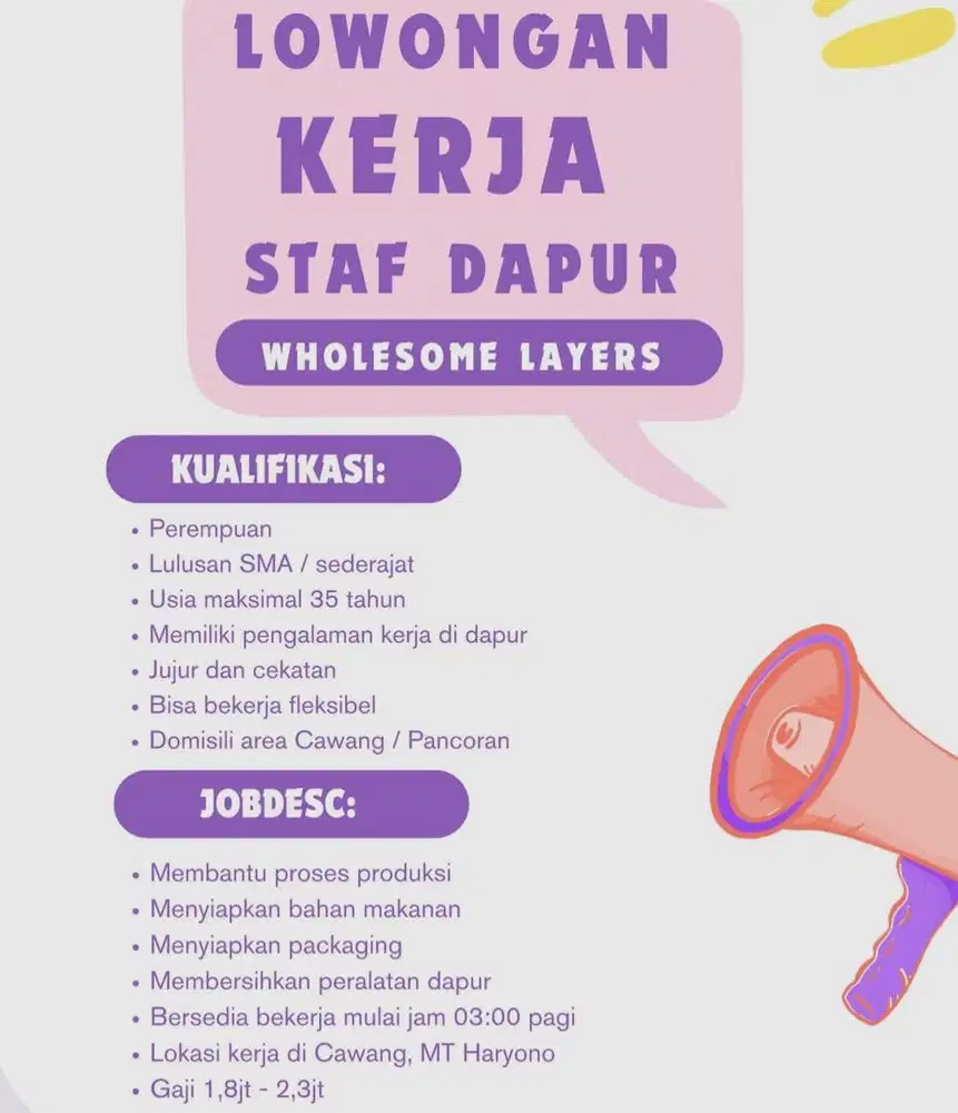 Dibutuhkan segera staff dapur