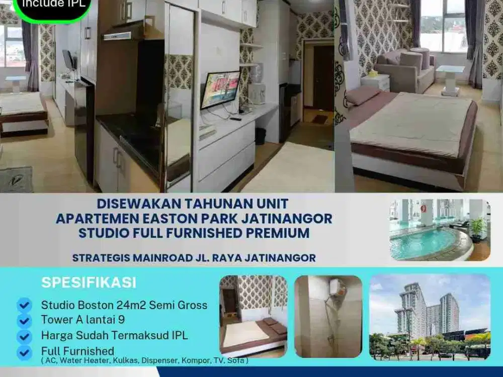 Disewakan Tahunan Unit 
Apartemen Easton Park Jatinangor
Studio Full Furnished 

Strategis Mainroad Jl. Raya Jatinangor