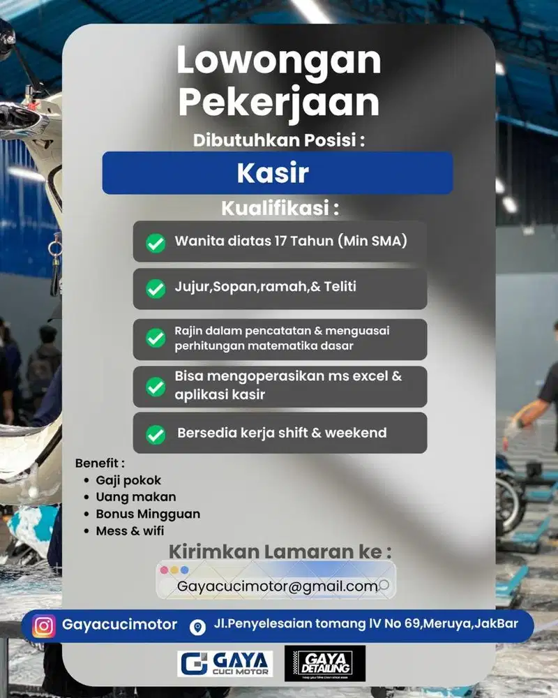 Dibutukan kasir untuk kerja di cucian motor