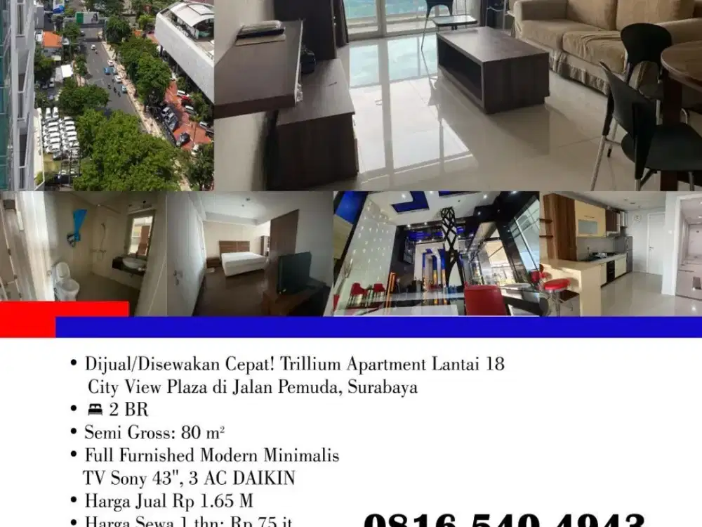 Dijual/Disewakan Cepat! Trillium Apartment Lantai 18 City View Plaza di Jalan Pemuda, Surabaya