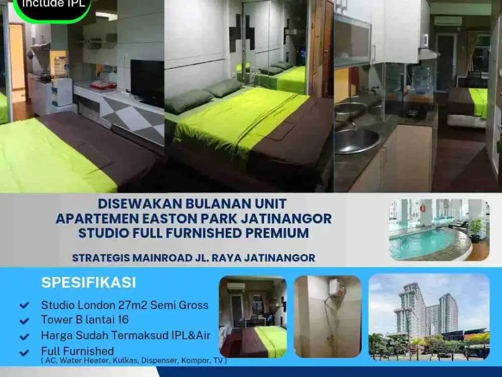 Disewakan Bulanan Unit 
Apartemen Easton Park Jatinangor
Studio Full Furnished Hadap Selatan

Strategis Mainroad Jl. Raya Jatinangor