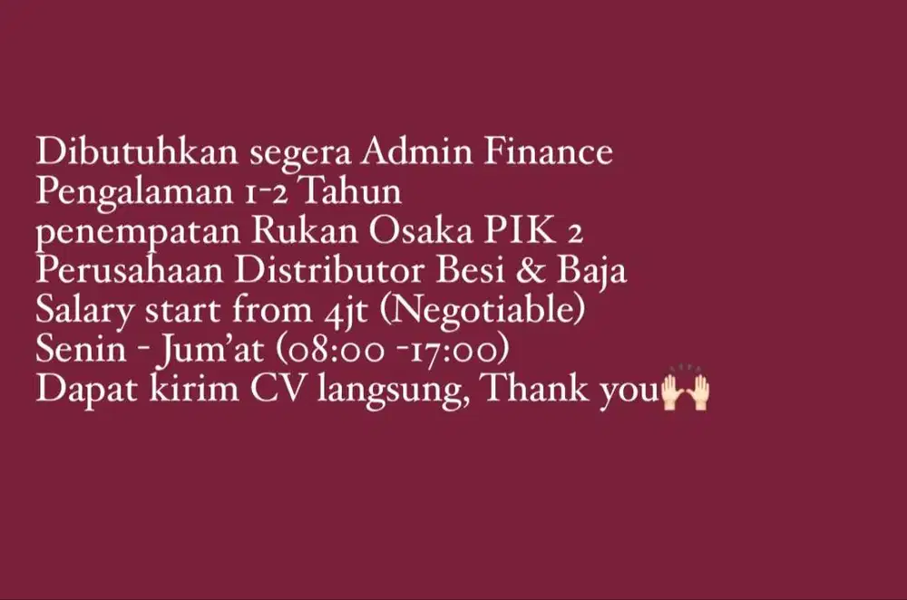 Dibutuhkan segera Admin Finance & Driver Pribadi
