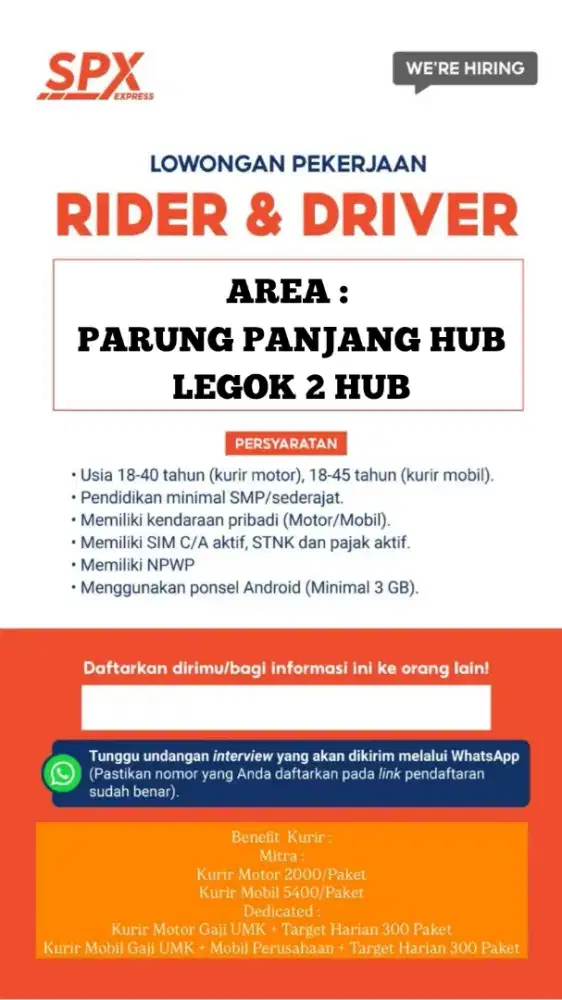 LOWONGAN KERJA KURIR PAKET SHOPEE EXPRESS RIDERS DAN DRIVER