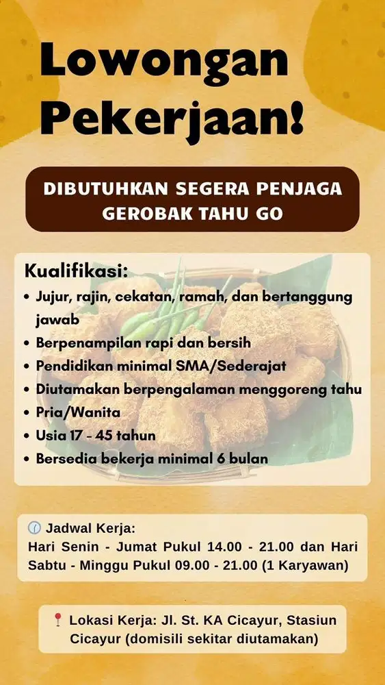 Lowongan Pekerjaan Penjaga Gerobak Tahu Go