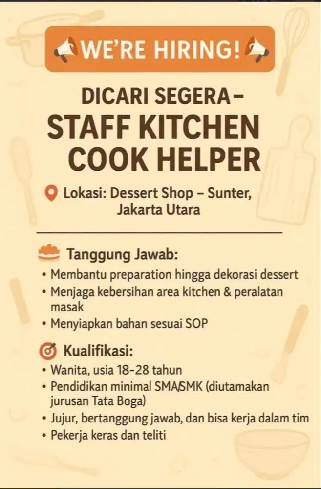 DICARI CEPAT STAFF KITCHEN BISA NGADON & NIMBANG (SUNTER)