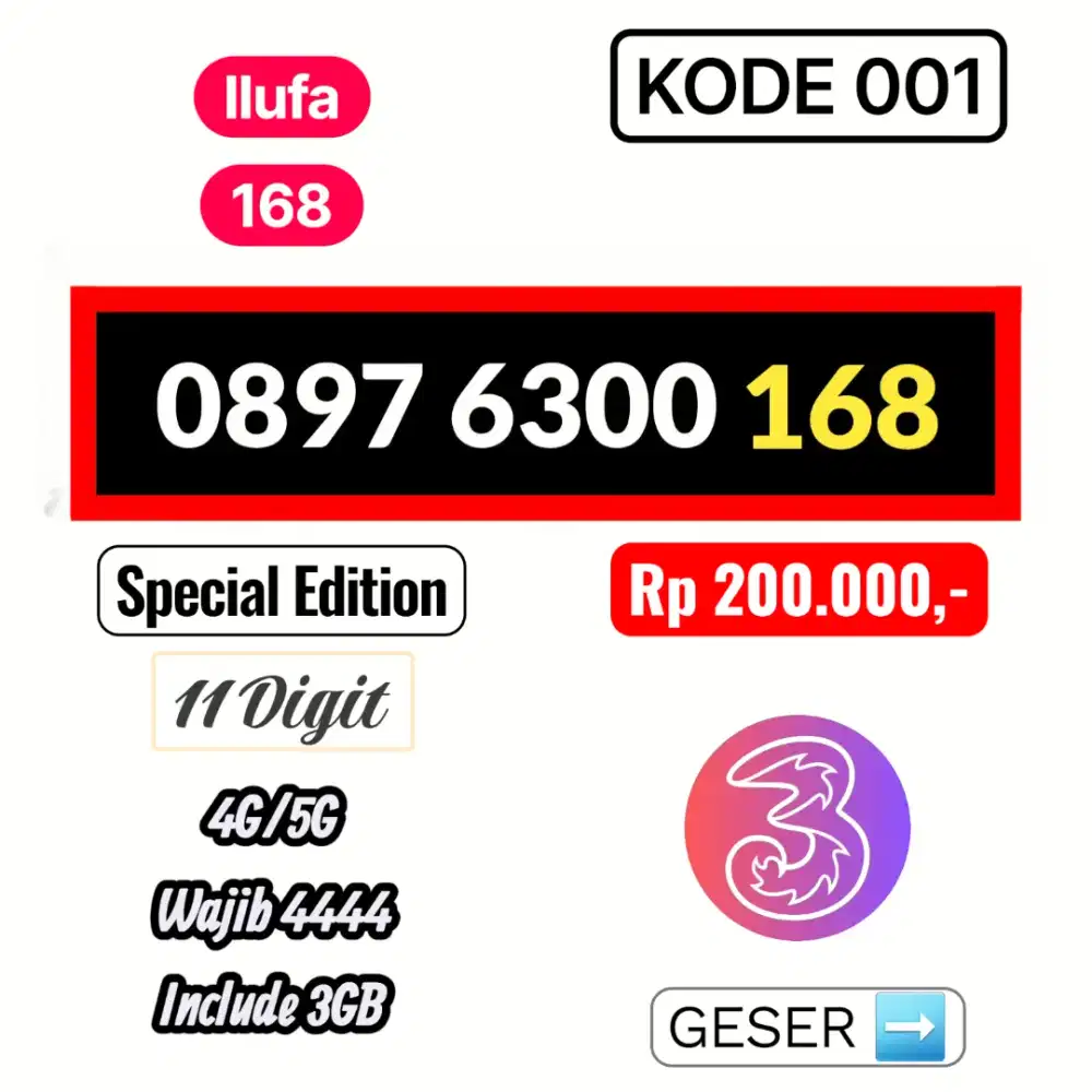 Nomor Cantik Tri 11 Digit Ilufa 168 Kartu Perdana Reguler