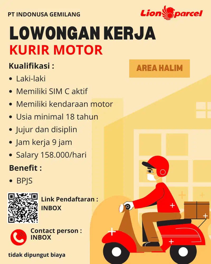 LOWONGAN KERJA KURIR MOTOR (LION PARCEL) AREA HALIM