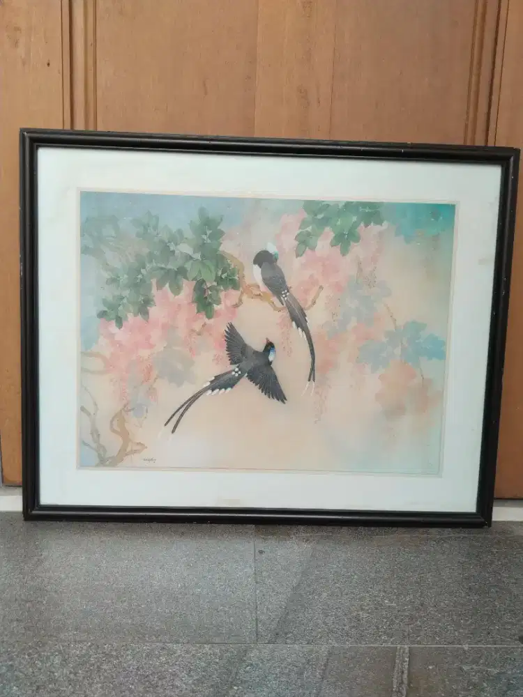 Lukisan hiasan dinding sepasang burung hong china lawas