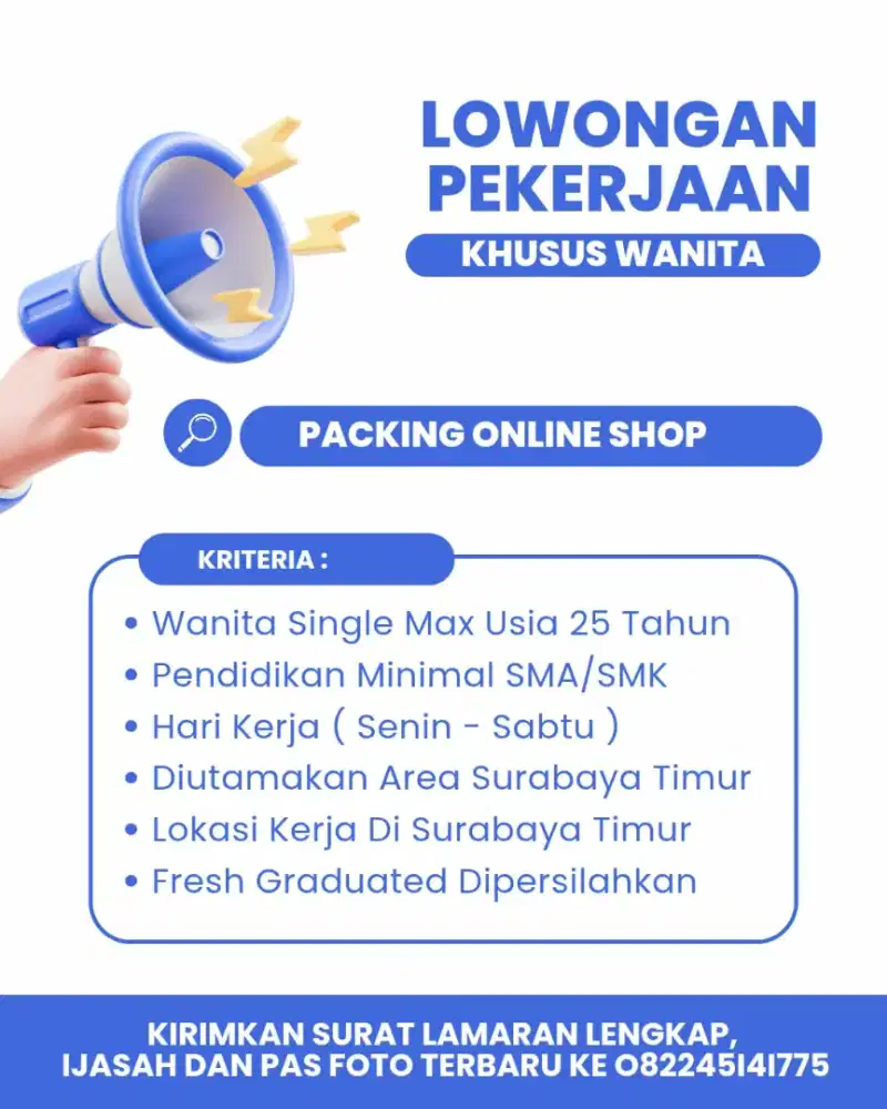 Dibutuhkan Admin Packing Online Shop