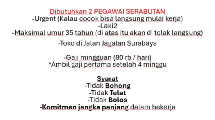 Di cari 2 pegawai serabutan untuk toko listrik di jagalan URGENT!