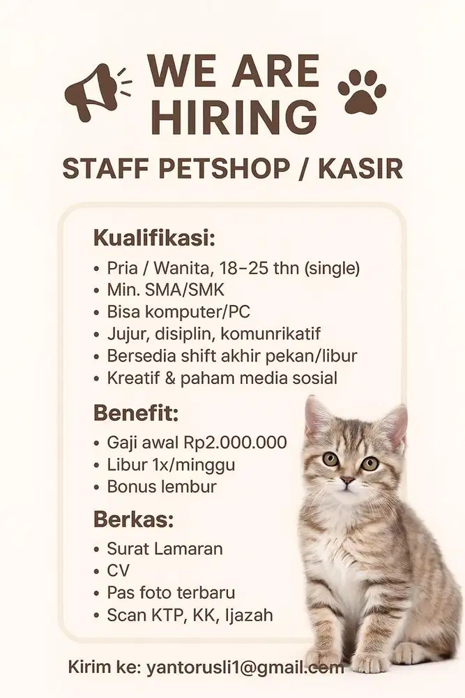 Lowongan kerja staff petshop/kasir