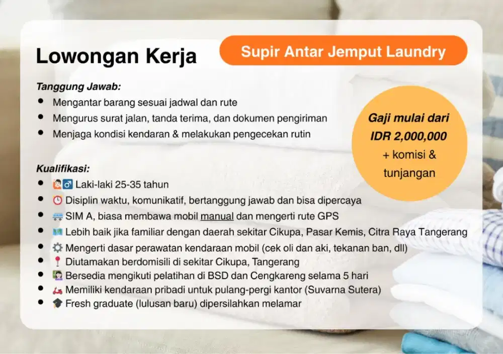 DICARI - Supir Antar Jemput Laundry