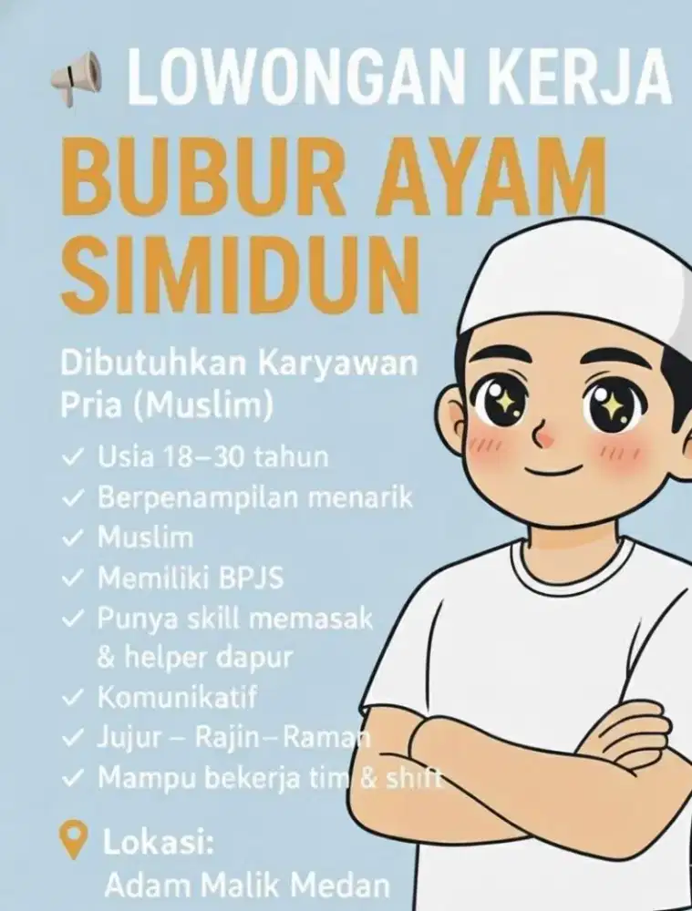 Dibutuhkan karyawan Laki Laki untuk cooker dan helper