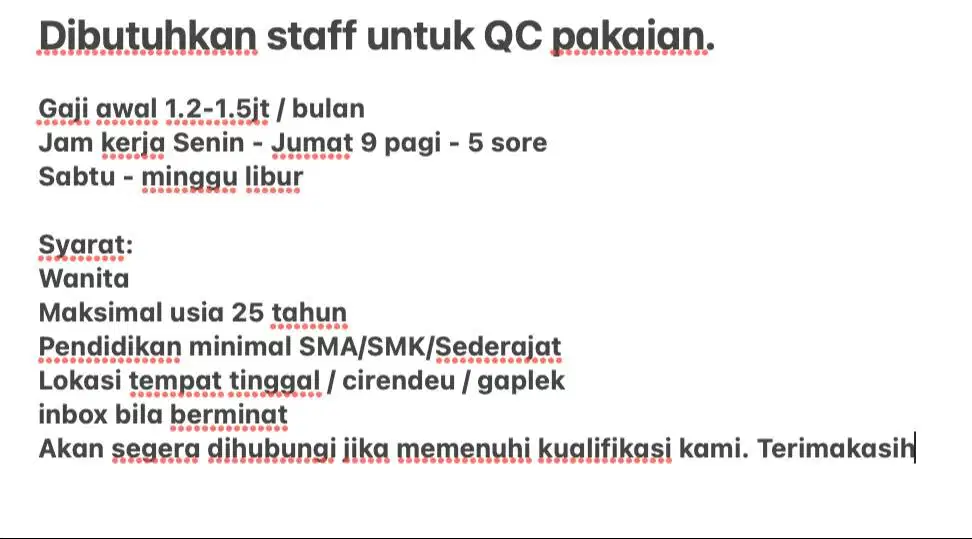 Dibutuhkan staff untuk QC pakaian dan packing