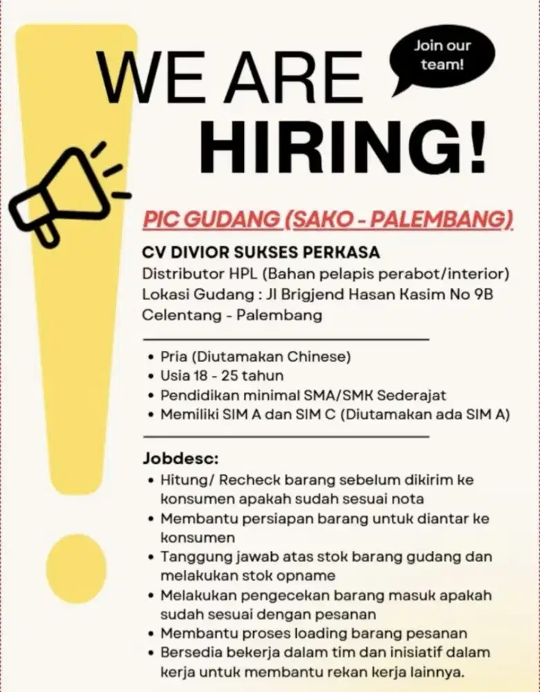 Lowongan Kerja PIC GUDANG SAKO CELENTANG