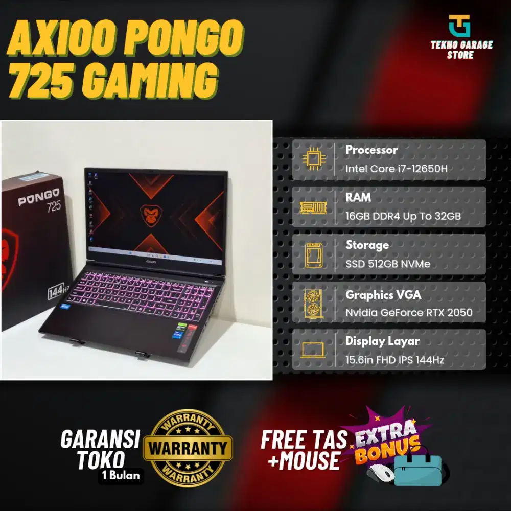 AXIOO PONGO 725 GAMING CORE I7-12650H RAM 16GB SSD 512GB RTX 2050