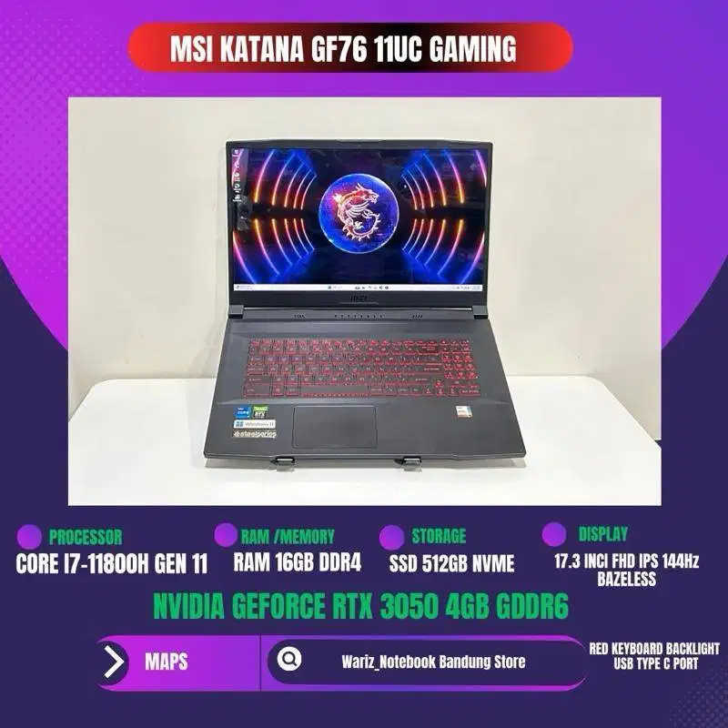 MSI KATANA GF76 11UC CORE I7-11800H NVIDIA RTX 3050 RAM 16GB SSD 512GB