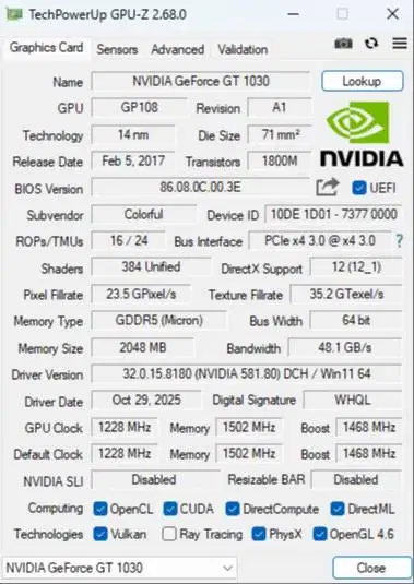 VGA Colorful nVIDIA GeForce GT 1030 2GB GDDR5 (2G-V3 EA1V 2.0)
